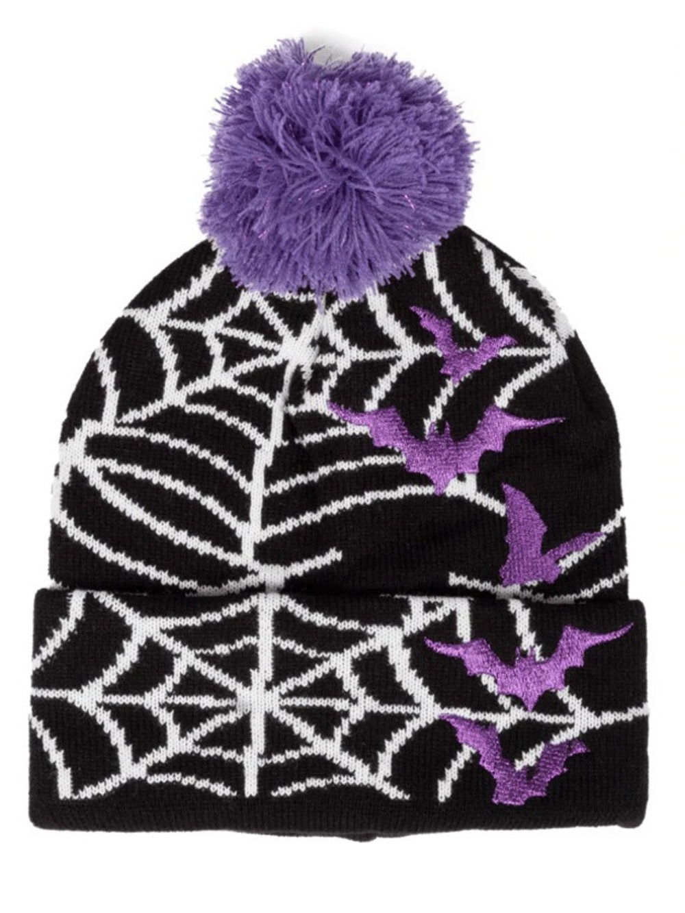 Black & Purple Spiderweb Pom Beanie